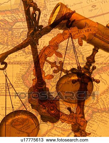 Stock Image - Sextant, weight scales and a map. Fotosearch
