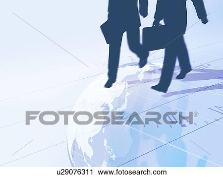 Silhouetted businessman walking on globe and clock View Large Photo Image Stock Image - Silhouetted businessman walking on globe and clock. Fotosearch