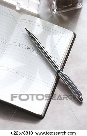 Stock Image - Silver ballpoint pen and personal organizer. Fotosearch