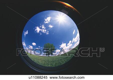 Stock Photography - Simple rural landscape seen through a fish eye lens. Hokkaido, Japan. Fotosearch
