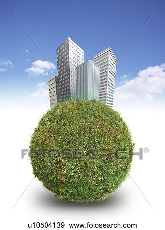 Stock Photo - Skyscrapers standing on grass covered sphere. Fotosearch