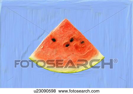 Stock Photo - Slice of watermelon, blue background. Fotosearch