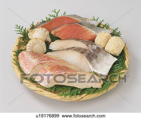 Stock Photo - Slices of fish and shellfish. Fotosearch