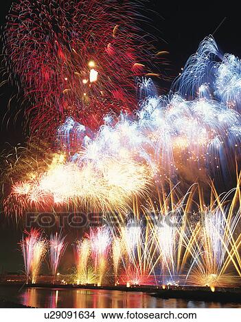 Picture - Spectacular fireworks display, Misato, Saitama Prefecture, Japan. Fotosearch