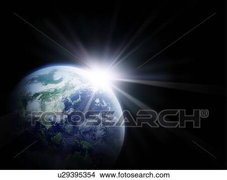 Picture - Sunlight behind the earth, computer graphic, black background. Fotosearch