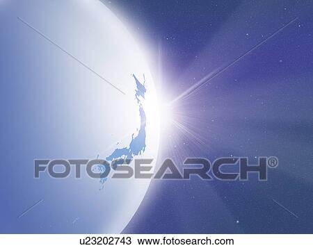 Stock Image - Sunlight behind the earth, map of Japan, computer graphic. Fotosearch