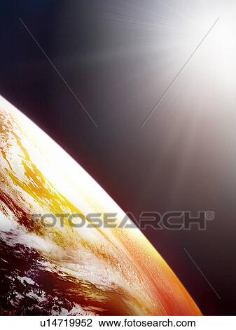 Stock Image - Sunlight over the earth, computer graphic, black background. Fotosearch