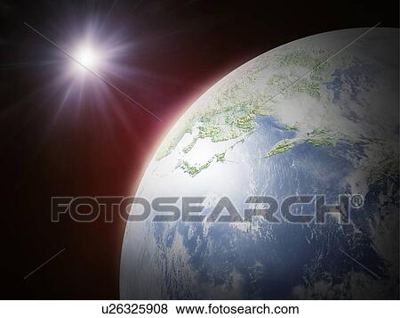 Stock Photo - Sunlight over the earth, computer graphic, black background. Fotosearch