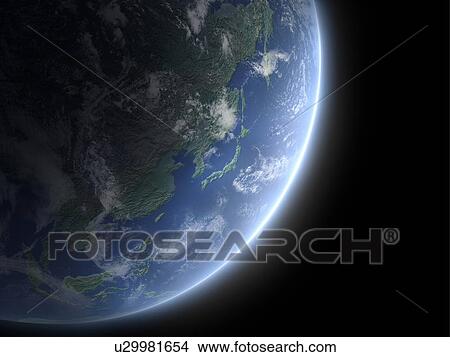 Picture - The earth, computer graphic, black background. Fotosearch