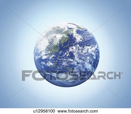Stock Image - The earth, computer graphic, blue background. Fotosearch