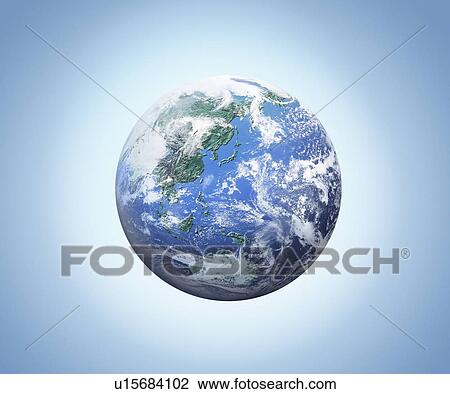 Stock Image - The earth, computer graphic, blue background. Fotosearch
