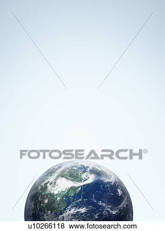 Stock Photo - The earth, computer graphic, blue background, copy space. Fotosearch