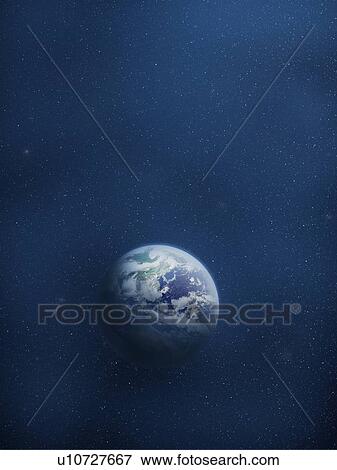 Stock Photo - The earth, computer graphic, blue background, copy space. Fotosearch