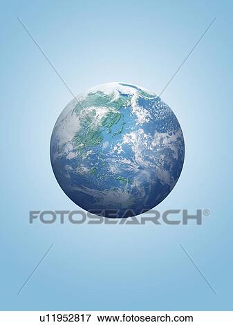 Stock Photo - The earth, computer graphic, blue background. Fotosearch