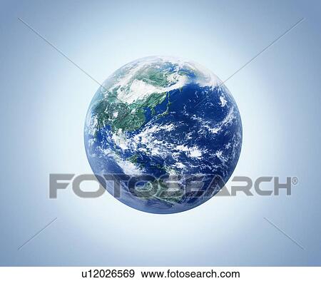 Stock Photo - The earth, computer graphic, blue background. Fotosearch
