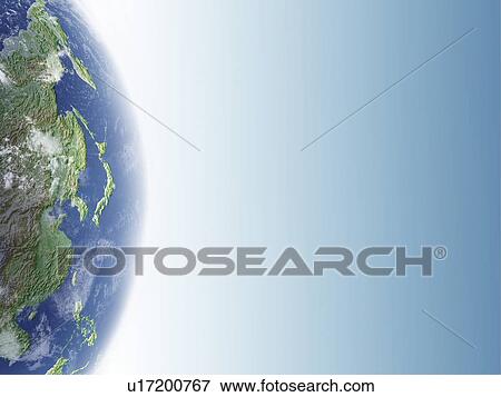 Stock Photo - The earth, computer graphic, blue background, copy space. Fotosearch