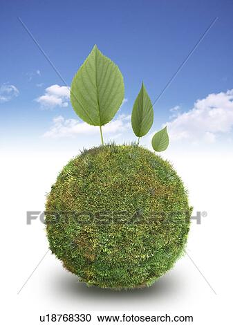 Stock Image - Three leaves and on grass covered sphere. Fotosearch
