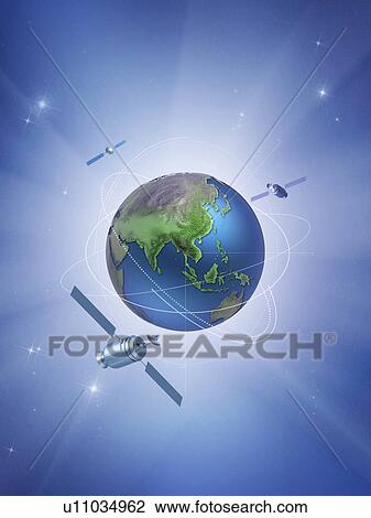 Three satellites around the earth, computer graphic View Large Photo Image Stock Image - Three satellites around the earth, computer graphic. Fotosearch