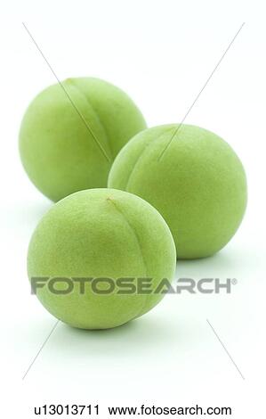 Stock Image - Three Unripe Plums. Fotosearch