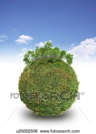 Stock Photograph - Trees growing on grass covered sphere. Fotosearch