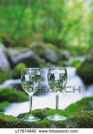 Stock Image - Two wineglasses of water on a rock, next to a river in a lush green forest. Fotosearch