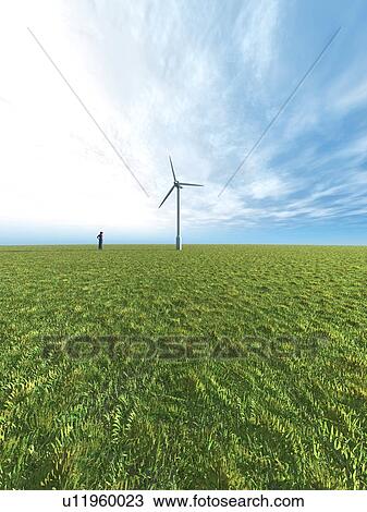 Stock Image - Wind turbine and a person in grass field. Fotosearch