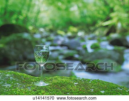 Wineglass on a mossy rock besides a stream View Large Photo Image Stock Image - Wineglass on a mossy rock besides a stream. Fotosearch