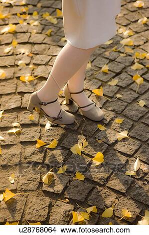 Picture - Woman standing on stone paved street. Fotosearch