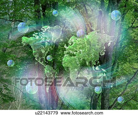 Stock Photo - World map over forest. Fotosearch