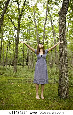 Young woman standing in forest, looking up, Nikko city, Tochigi prefecture, Japan View Large Photo Image Picture - Young woman standing in forest, looking up, Nikko city, Tochigi prefecture, Japan. Fotosearch