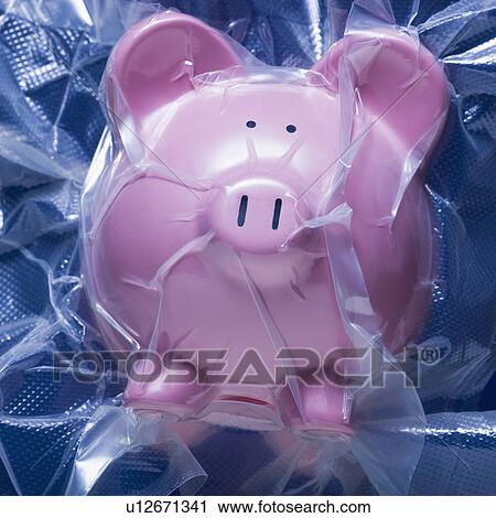 Stock Image - Shrink wrapped piggy bank. Fotosearch