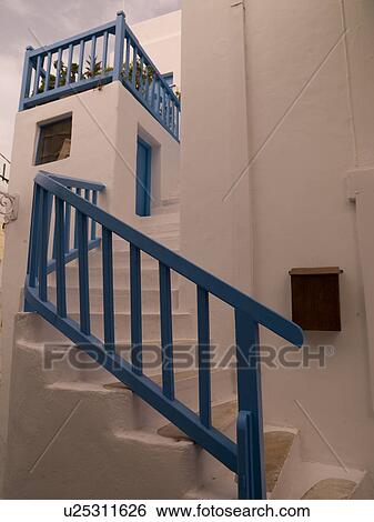 Blue railing on staircase in Mydonos Greece View Large Photo Image Stock Photograph - Blue railing on staircase in Mydonos Greece. Fotosearch