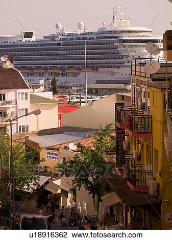 Stock Image - Cruise ship docked in Kusadasi Turkey. Fotosearch