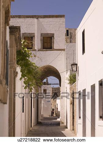 Stock Image - Exterior of buildings in Rhodes Greece. Fotosearch