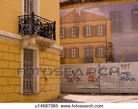 Stock Photography - Exterior wall and mural in Athens Greece. Fotosearch