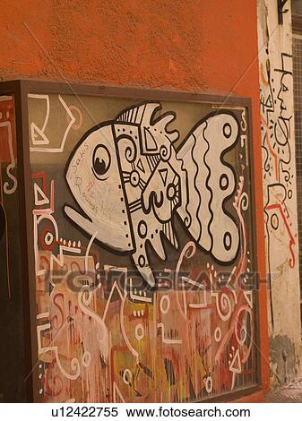 Stock Photography - Fish mural on a wall in Athens Greece. Fotosearch