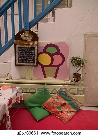 Stock Image - Restaurant menu in Mykonos Greece. Fotosearch