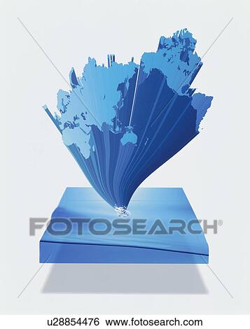 Stock Photograph - 3D map of earth bursting from panel of water. Fotosearch