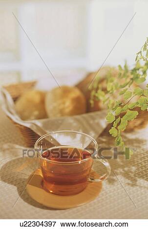 A cup of tea and a basket of scones View Large Photo Image Stock Photo - A cup of tea and a basket of scones. Fotosearch