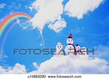 A family of snowmen on a cloud under a rainbow View Large Photo Image Stock Image - A family of snowmen on a cloud under a rainbow. Fotosearch