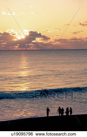 Stock Photograph - A Group of Friends at the Beach at Dawn. Fotosearch