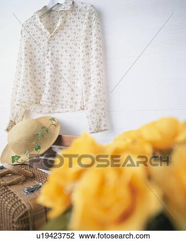 A woman's blouse hanging on a wall, with a hat and suitcase on a chair and some yellow flowers in front View Large Photo Image Stock Image - A woman's blouse hanging on a wall, with a hat and suitcase on a chair and some yellow flowers in front. Fotosearch