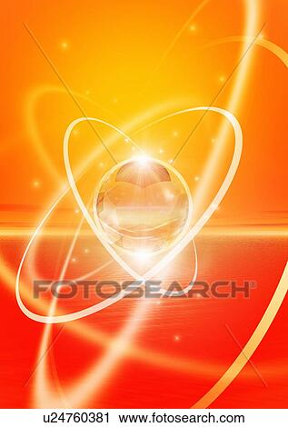 Stock Image - Abstract image of a reflective sphere with orbiting objects and star light. Fotosearch
