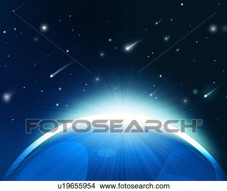 Picture - Abstract view of a meteor shower above a planet. Fotosearch