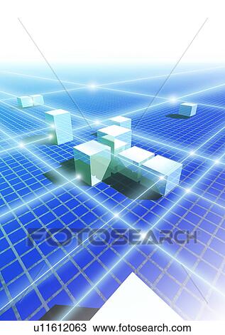 Stock Image - Abstract view of building shapes imposed on a grid and intersected by rays of light. Fotosearch