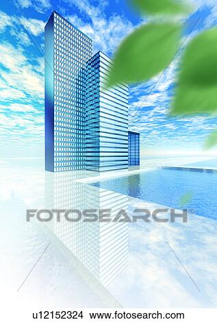 Abstract view of skyscraper with leaf motif View Large Photo Image Picture - Abstract view of skyscraper with leaf motif. Fotosearch