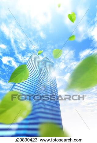 Abstract view of skyscraper with leaf motif View Large Photo Image Stock Image - Abstract view of skyscraper with leaf motif. Fotosearch
