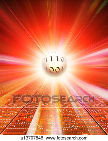 Ball with binary code floating over circuit board in front of burst of light View Large Photo Image Stock Photo - Ball with binary code floating over circuit board in front of burst of light. Fotosearch