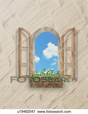 Stock Photo - Beige textured wall with window and plant. Fotosearch