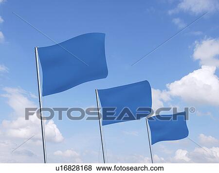 Stock Photo - Blue flags waving in the sky. Fotosearch